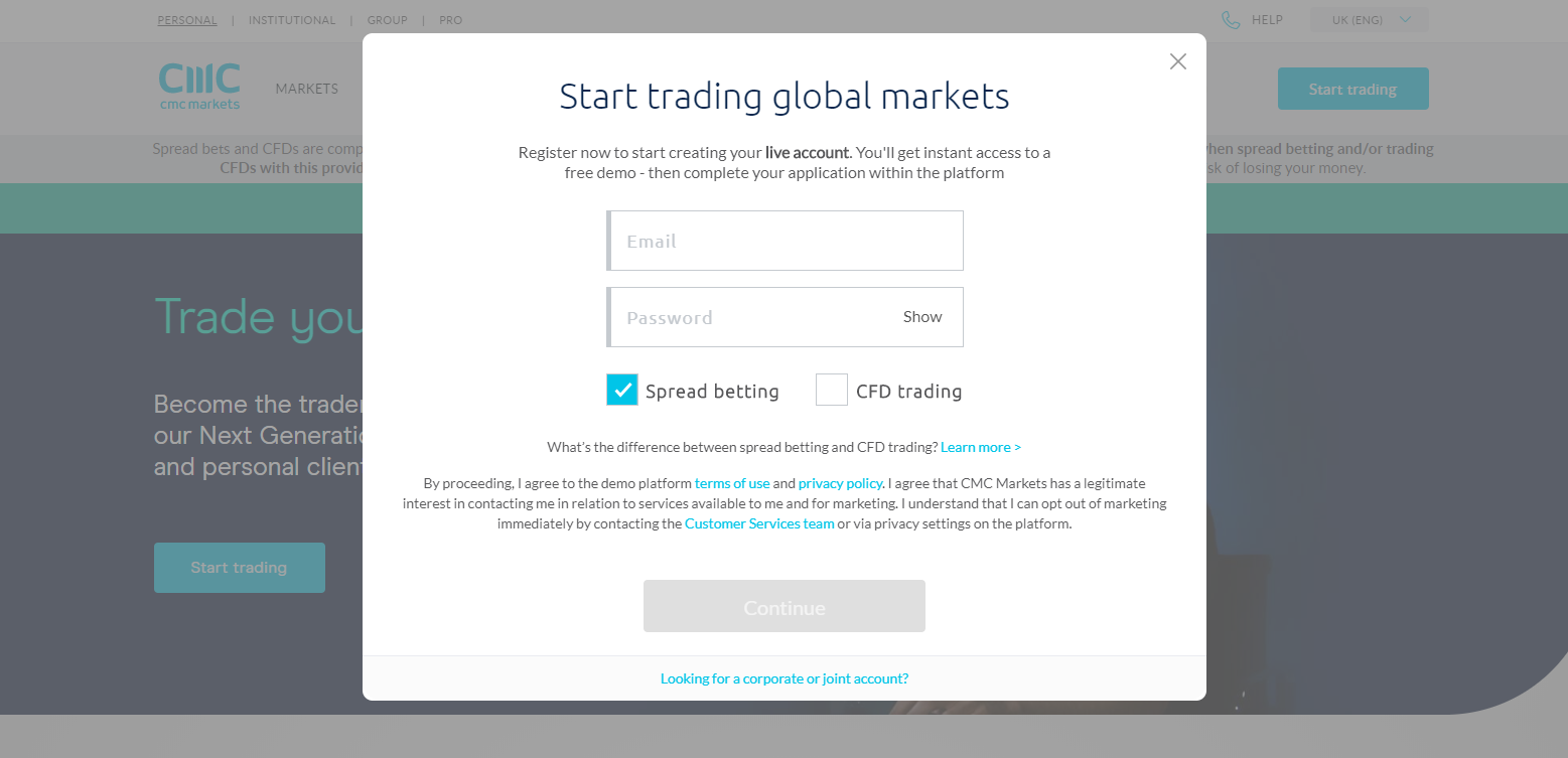 CMC Markets Open Account Page